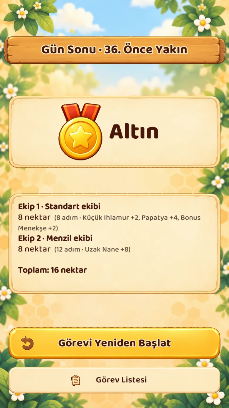 Altın madalya ve on altı nektar gösteren görev sonucu ekranı